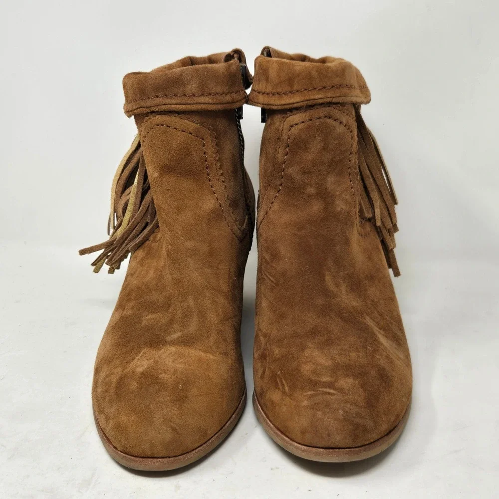 Sam Edelman Louie Cognac‎ Brown Suede Fringe Ankle Boots Gold Metallic Accents 9